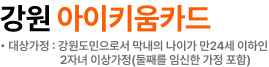 강원 아이키움카드. 대상가정 : 강원도민으로서 막내의 나이가 만24세 이하인 2자녀 이상가정(둘째를 임신한 가정 포함)